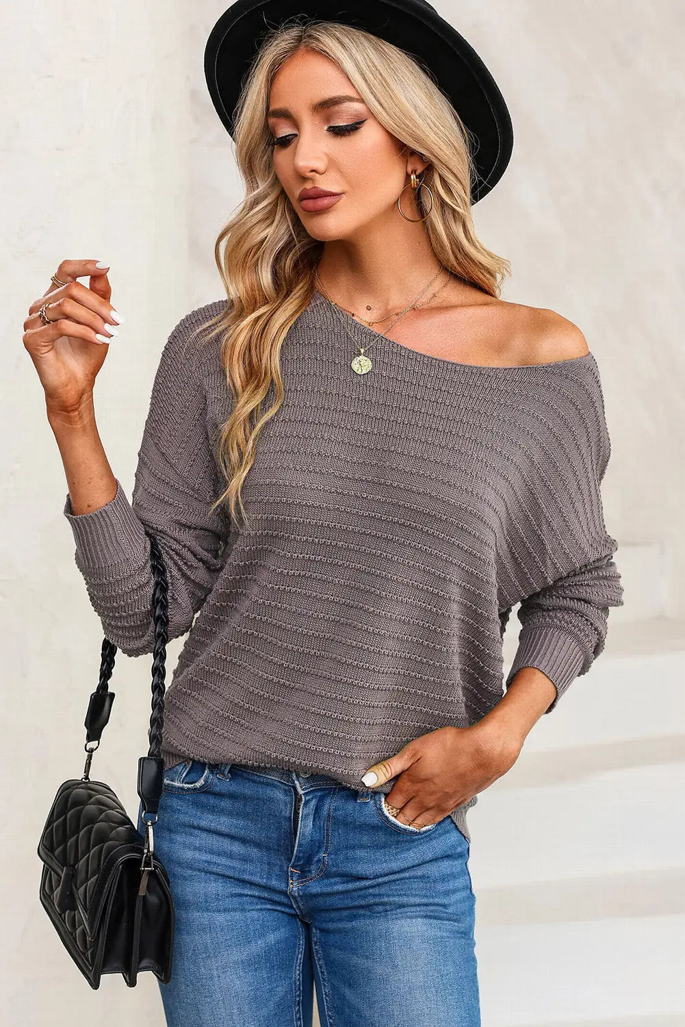 Gray textured knit round neck dolman sleeve sweater - s / 55% acrylic + 45% cotton - & cardigans