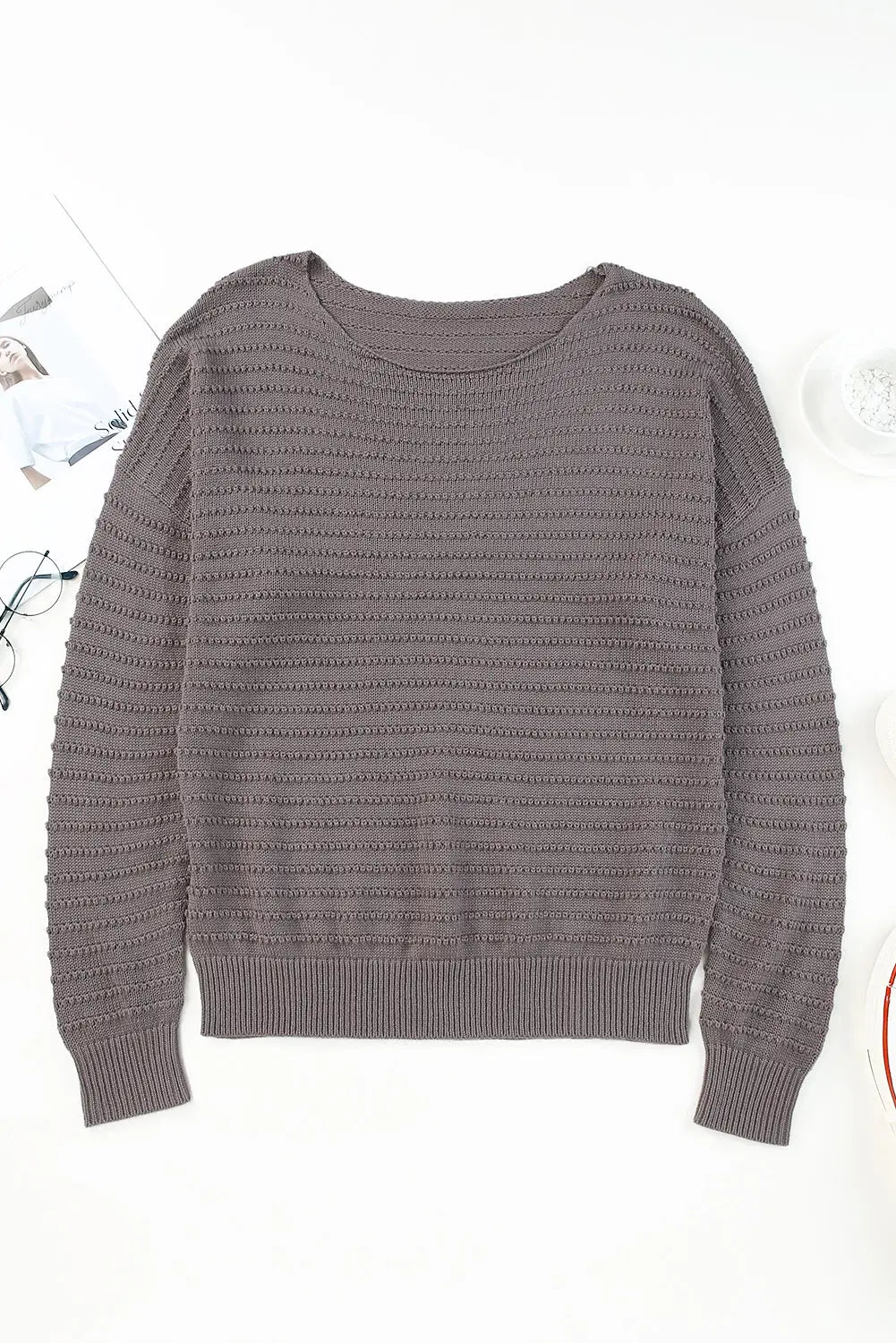 Gray textured knit round neck dolman sleeve sweater - & cardigans