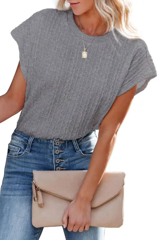 Gray textured knit short sleeve top - t-shirts