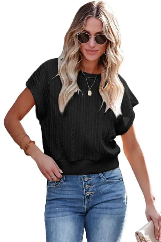 Gray textured knit short sleeve top - t-shirts