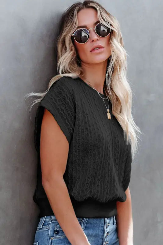 Gray textured knit short sleeve top - t-shirts