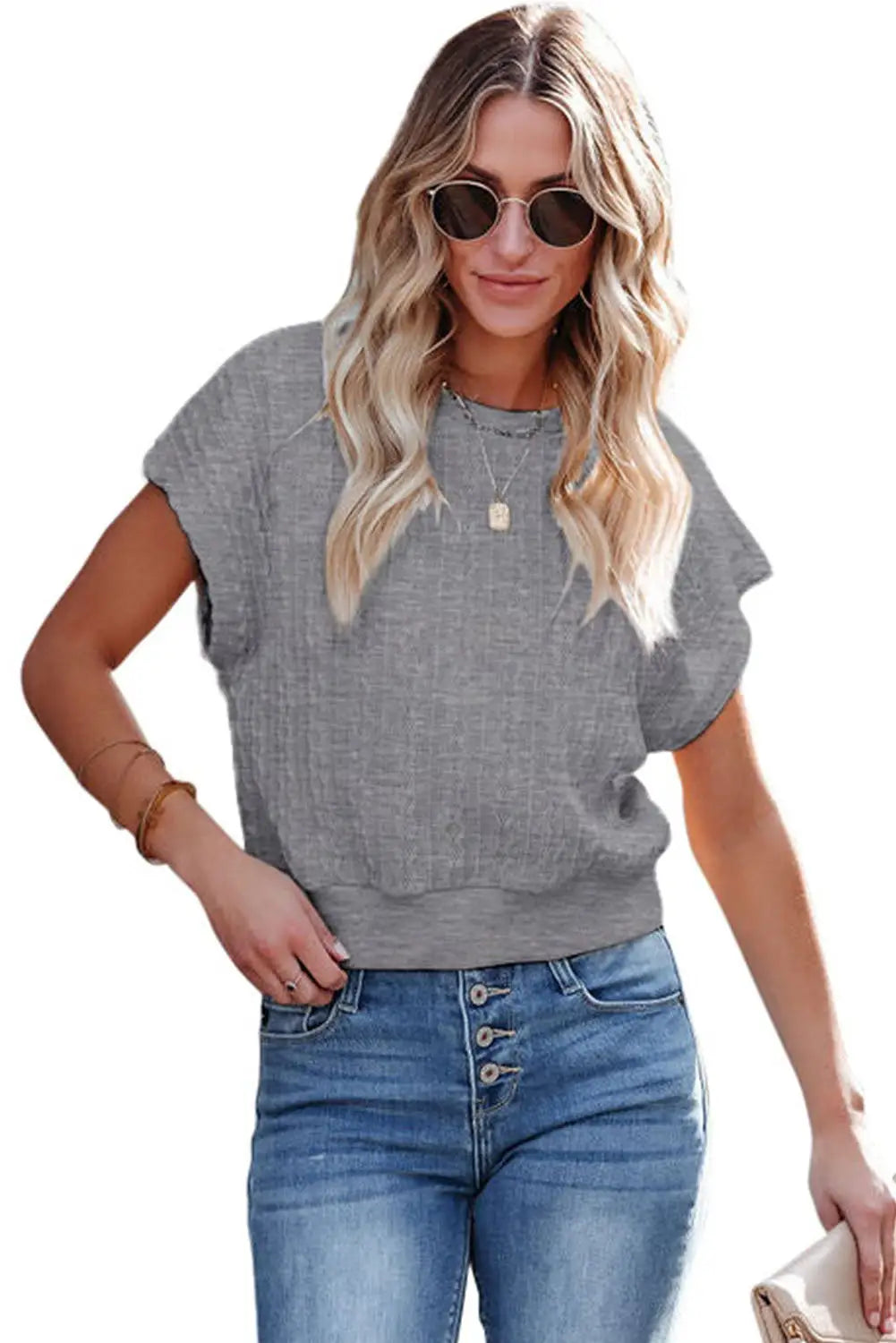 Gray textured knit short sleeve top - t-shirts
