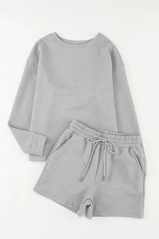 Gray textured long sleeve top and drawstring shorts set - loungewear