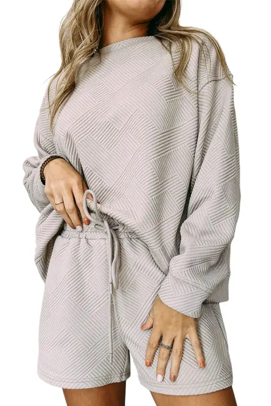 Gray textured long sleeve top and drawstring shorts set - loungewear