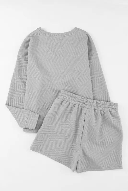 Gray textured long sleeve top and drawstring shorts set - loungewear