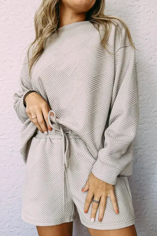 Gray textured long sleeve top and drawstring shorts set - s / 95% polyester + 5% elastane - loungewear