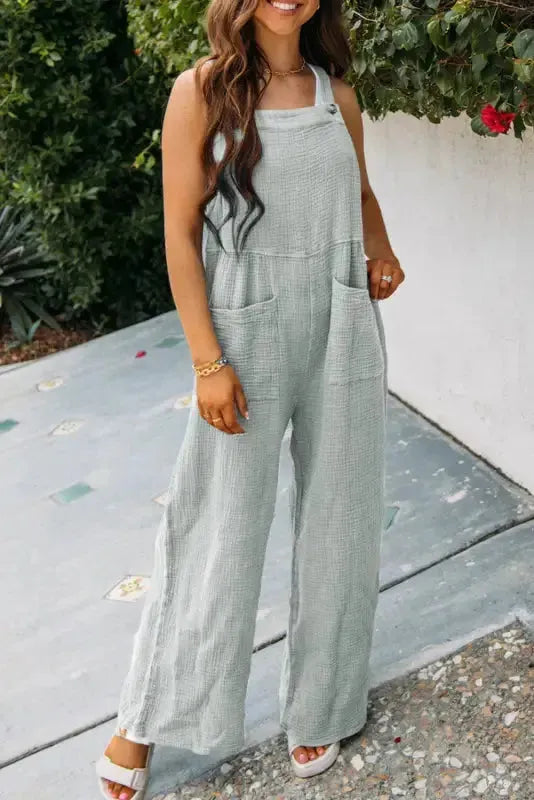 Gray Textured Wide Leg Overall with Pockets - Fashionfitz