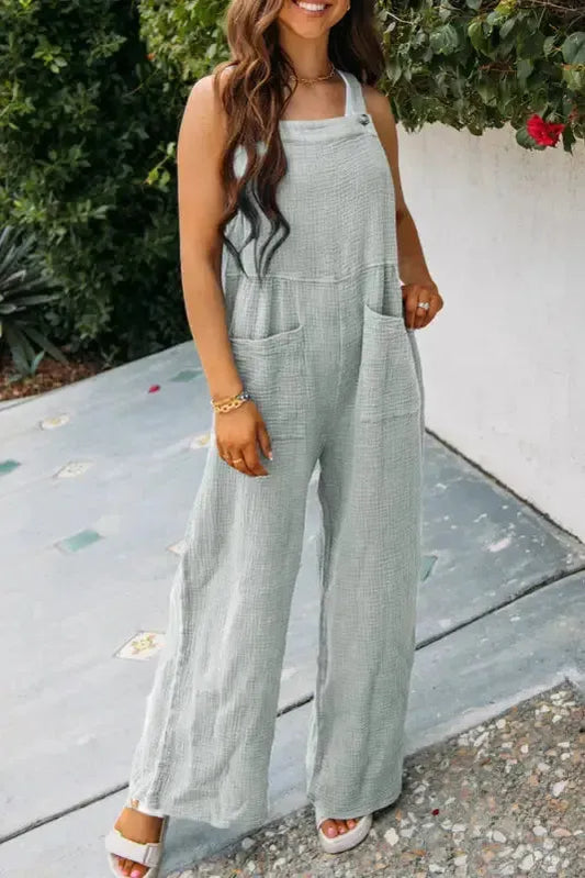 Gray Textured Wide Leg Overall with Pockets - Fashionfitz