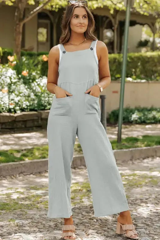 Gray Textured Wide Leg Overall with Pockets - Fashionfitz
