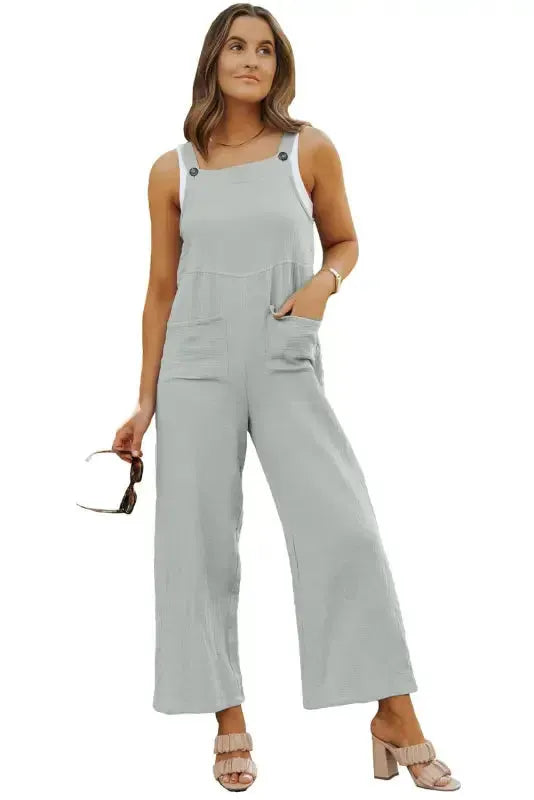 Gray Textured Wide Leg Overall with Pockets - Fashionfitz