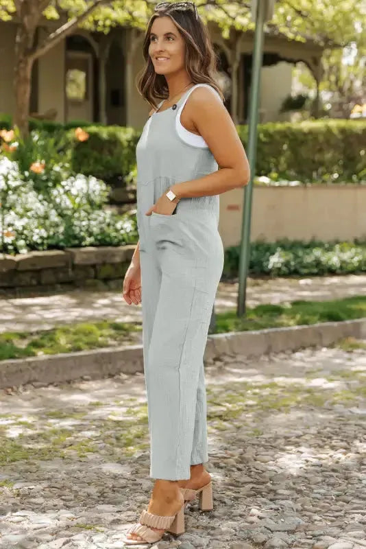 Gray Textured Wide Leg Overall with Pockets - Fashionfitz