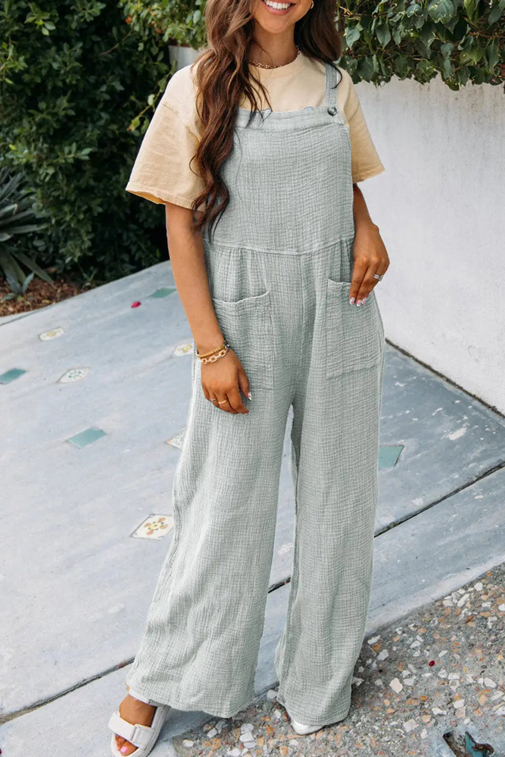 Gray textured wide leg overall with pockets - bottoms