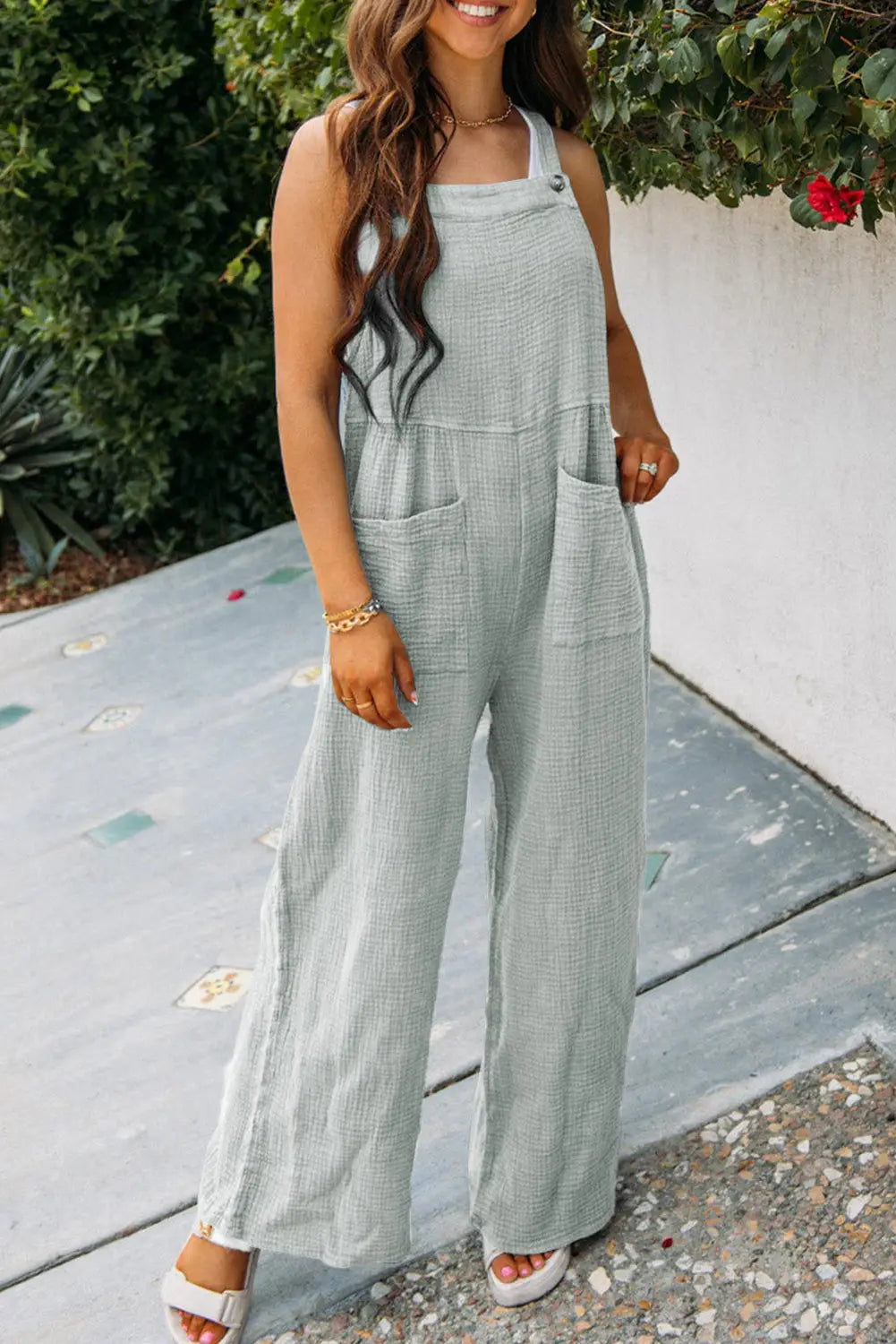Gray textured wide leg overall with pockets - s / 100% cotton - bottoms