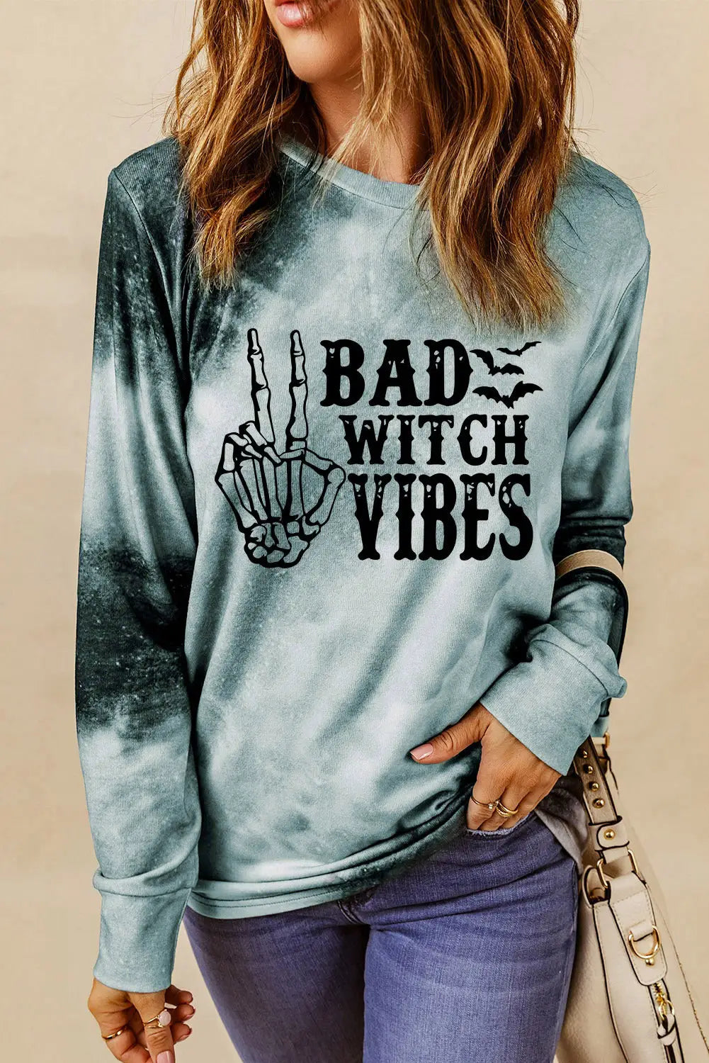 Gray tie dye bad witch vibes graphic long sleeve top - s /