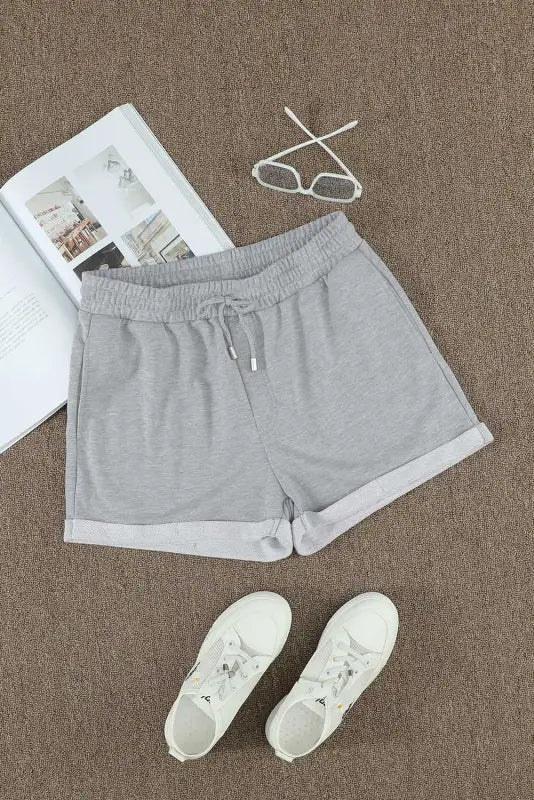 Gray tie waist side pockets cuffed lounge shorts