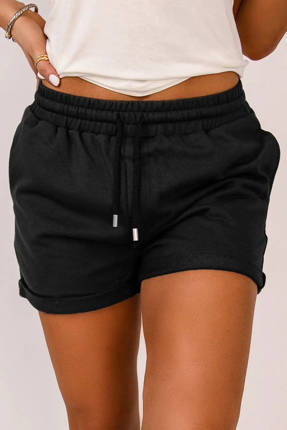 Gray tie waist side pockets cuffed lounge shorts - black / s / 75% polyester + 25% cotton