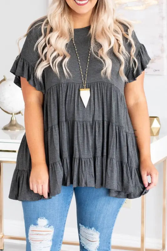 Gray tiered ruffled short sleeve plus size blouse - 4x / 95% polyester + 5% elastane