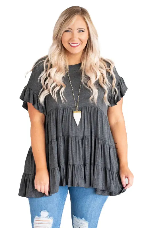 Gray tiered ruffled short sleeve plus size blouse - 4x / 95% polyester + 5% elastane