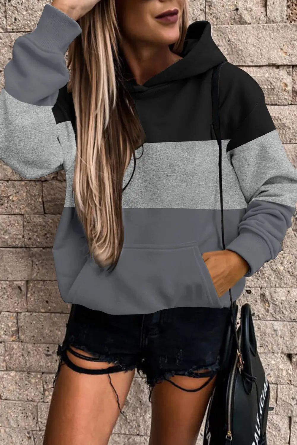 Gray triple color block hoodie with kangaroo pocket - l 50% polyester + 50% cotton sweatshirts & hoodies
