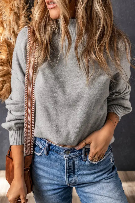 Gray turtleneck drop shoulder bubble sleeve knit sweater - sweaters & cardigans