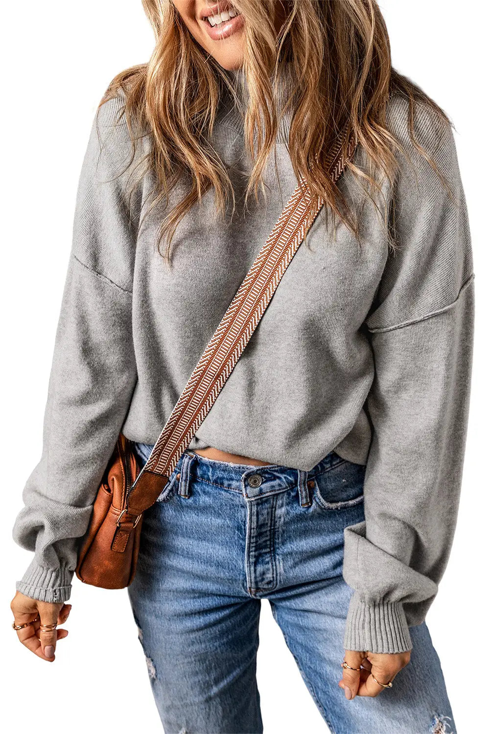 Gray turtleneck drop shoulder bubble sleeve knit sweater - sweaters & cardigans
