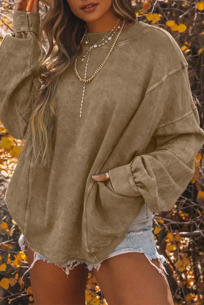 Gray twist-back oversized sweatshirt - khaki / s / 80% polyester + 20% cotton - sweatshirts & hoodies