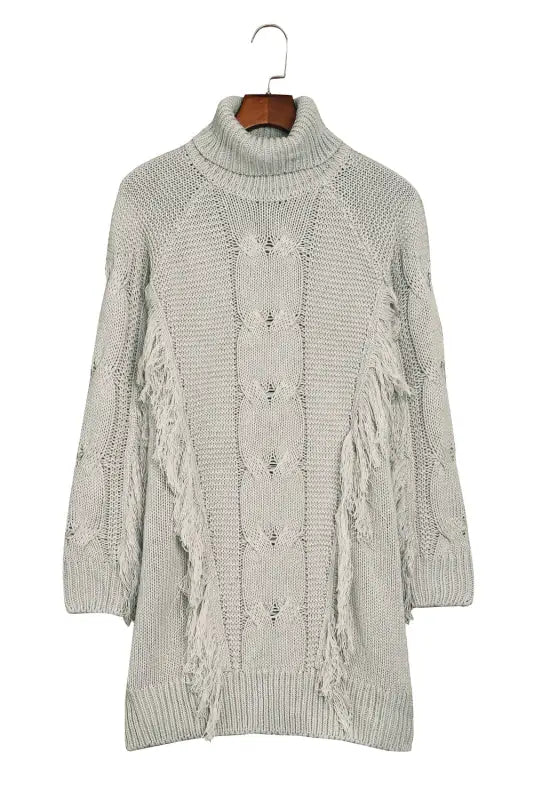 Gray twist fringe casual high neck sweater dress - dresses