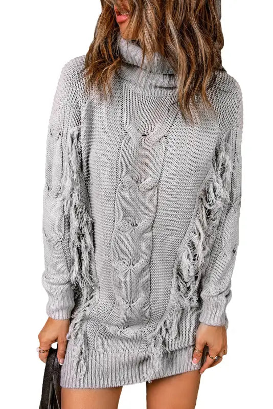 Gray twist fringe casual high neck sweater dress - dresses