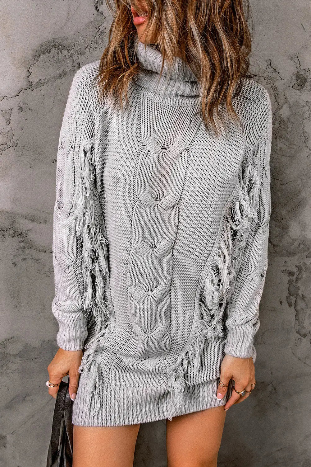 Gray twist fringe casual high neck sweater dress - s /