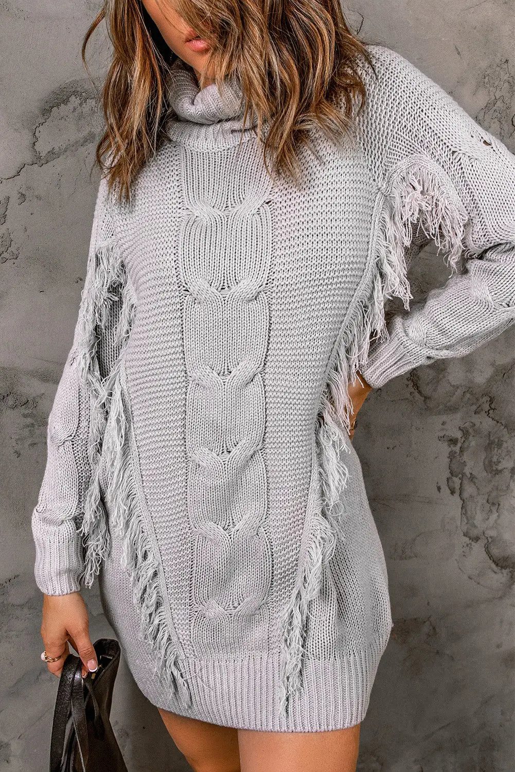 Gray twist fringe casual high neck sweater dress - dresses