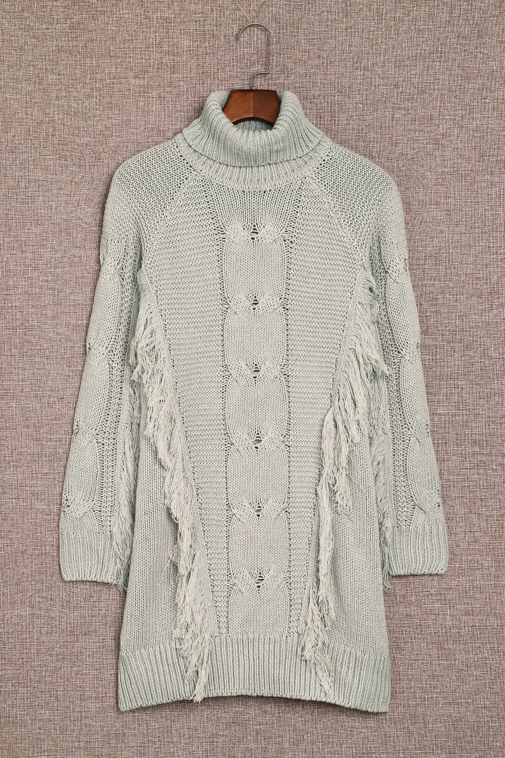 Gray twist fringe casual high neck sweater dress - dresses