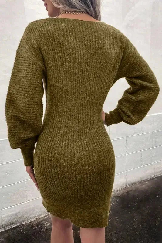 Gray V Neck Bodycon Sweater Dress - Fashionfitz
