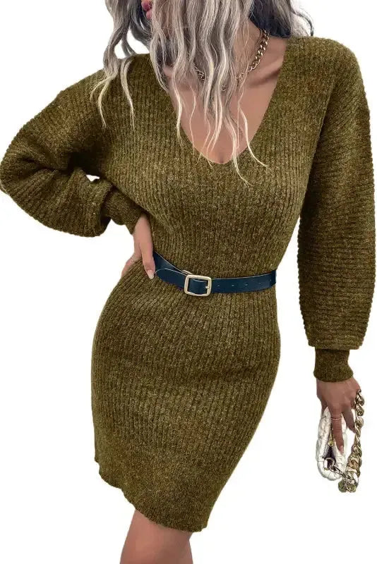 Gray V Neck Bodycon Sweater Dress - Fashionfitz