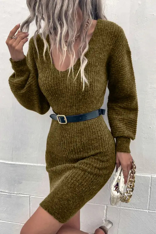 Gray v neck bodycon sweater dress - dresses