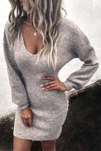 Gray V Neck Bodycon Sweater Dress - Fashionfitz