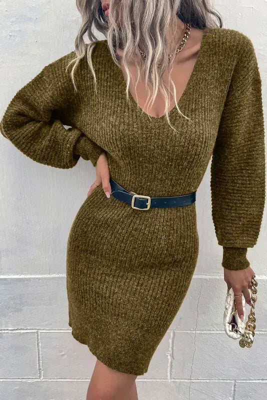 Gray v neck bodycon sweater dress - green / s / 54% acrylic + 16% polyamide + 18% polyester + 10% wool + 2% elastane