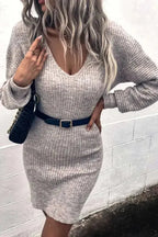 Gray V Neck Bodycon Sweater Dress - Fashionfitz