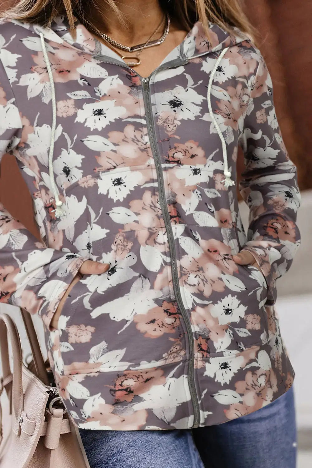Gray vintage floral print pocketed full zip hoodie - s / 95% polyester + 5% elastane - sweatshirts & hoodies