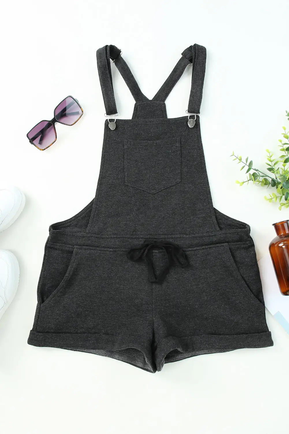 Gray vintage washed drawstring short overalls - jumpsuits & rompers