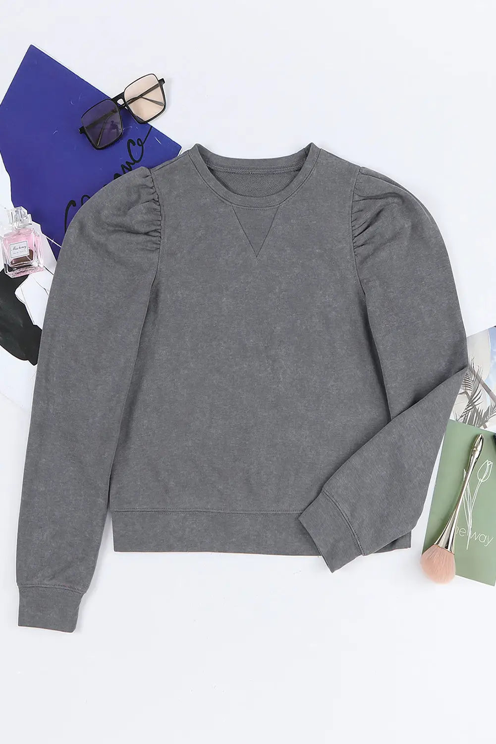 Gray vintage washed puff sleeve sweatshirt - sweatshirts & hoodies