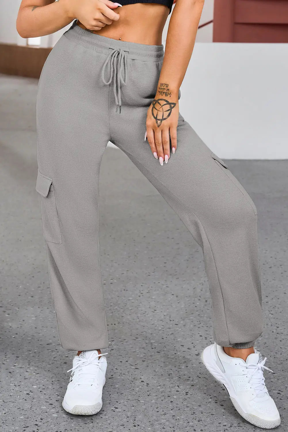 Gray waffle texture cargo pocket jogger pants - 2xl / 95% polyester + 5% elastane - joggers