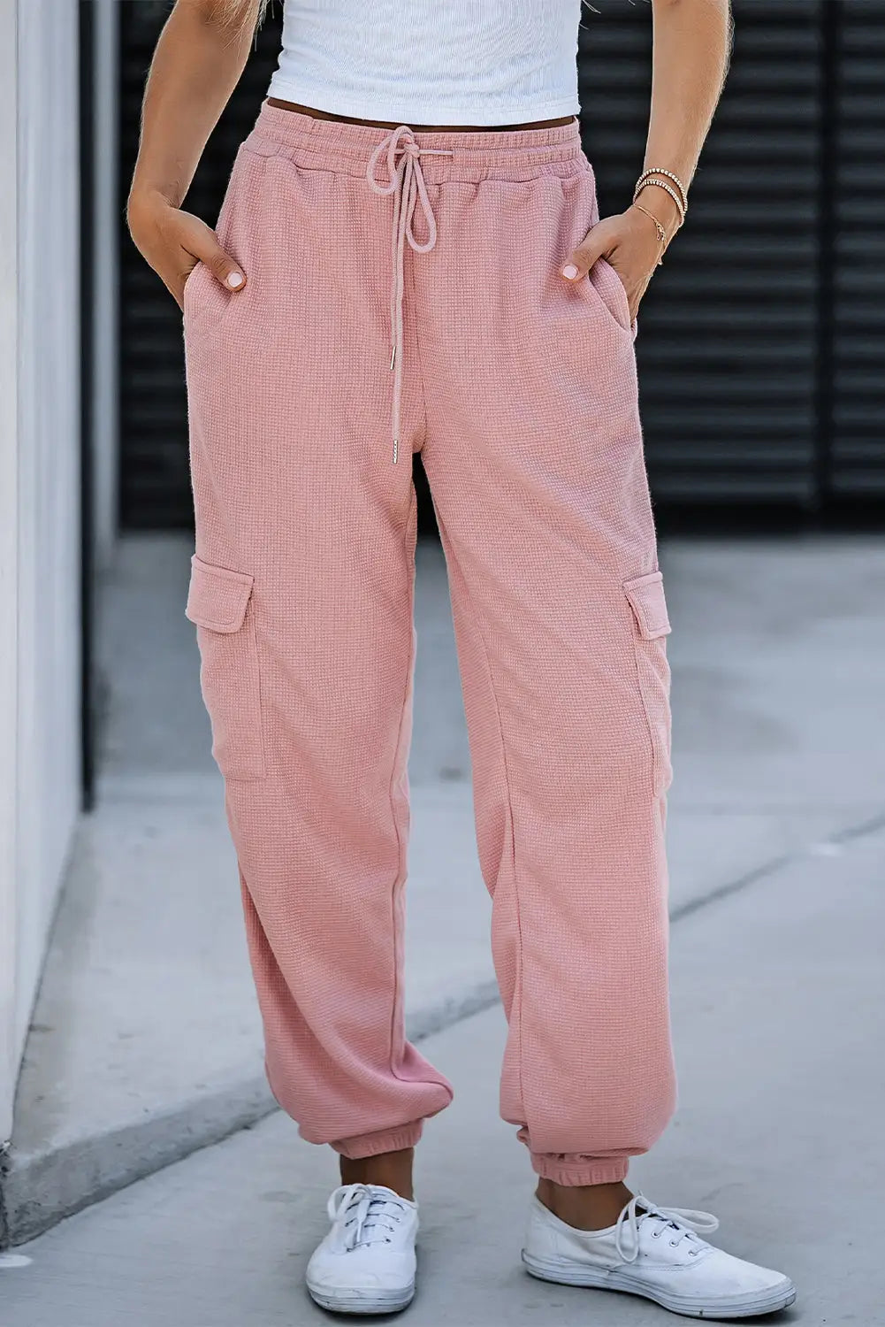 Gray waffle texture cargo pocket jogger pants - pink / l / 95% polyester + 5% elastane - joggers