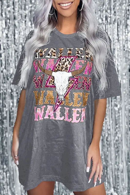 Gray wallen cowskull graphic oversized tee - t-shirts