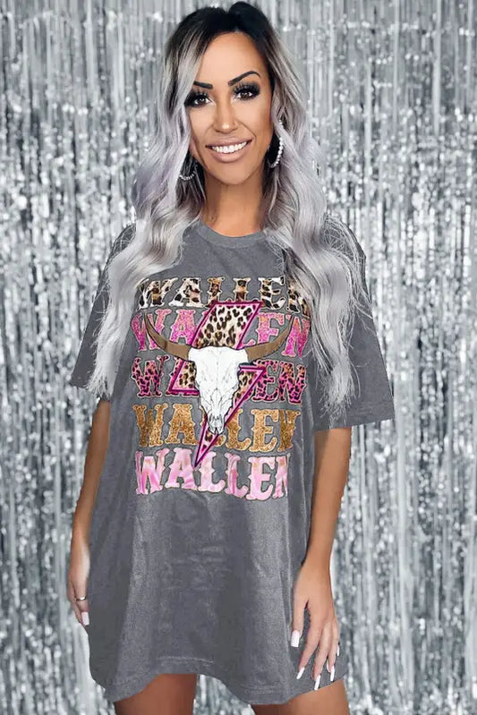 Gray wallen cowskull graphic oversized tee - t-shirts