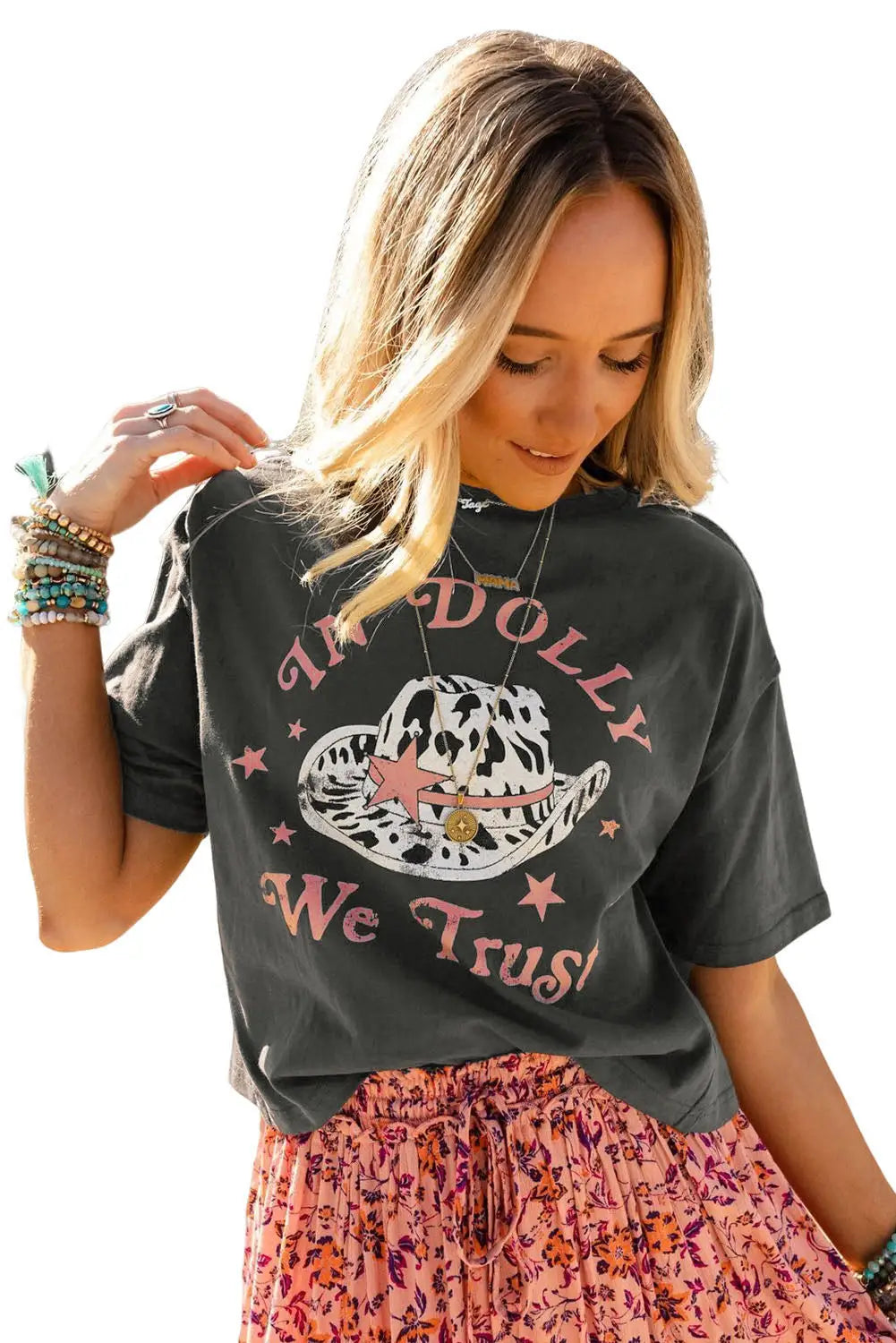 Gray we trust in dolly western fashion graphic tee