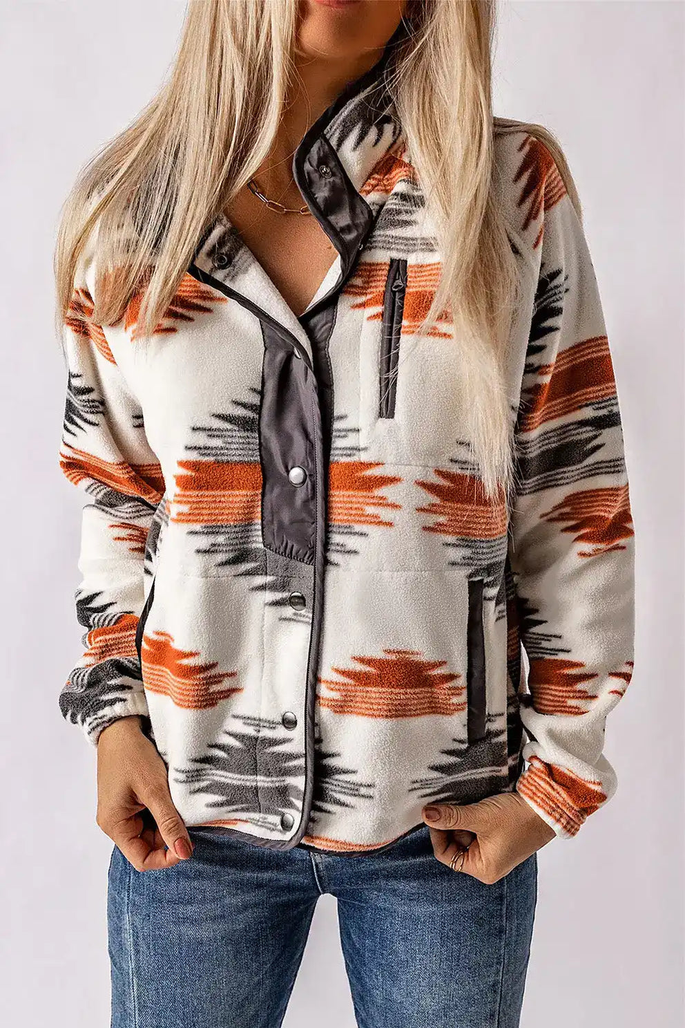 Gray western aztec snap buttoned fleece jacket - s /