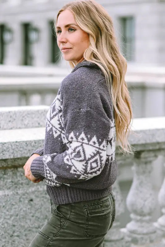 Gray western geometric printed quarter zip pullover sweater - sweaters & cardigans