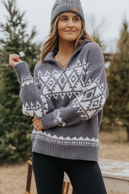 Gray western geometric printed quarter zip pullover sweater - sweaters & cardigans