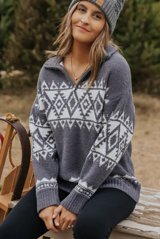 Gray western geometric printed quarter zip pullover sweater - sweaters & cardigans