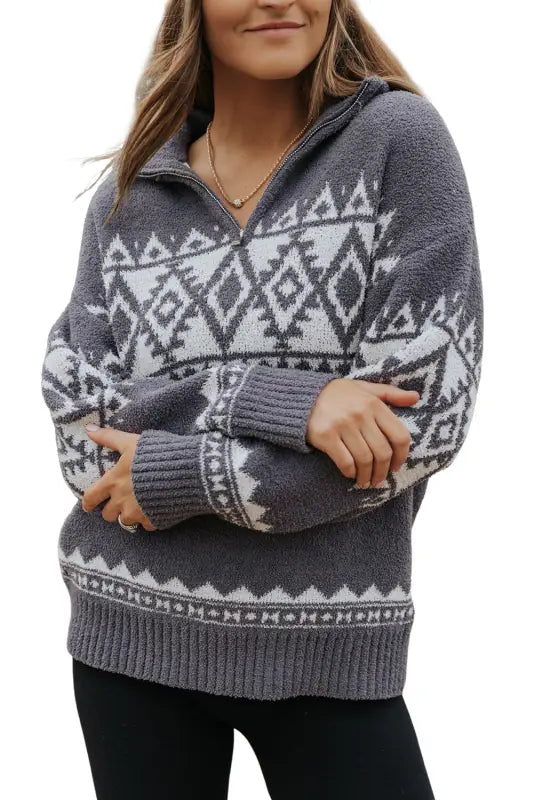 Gray western geometric printed quarter zip pullover sweater - sweaters & cardigans